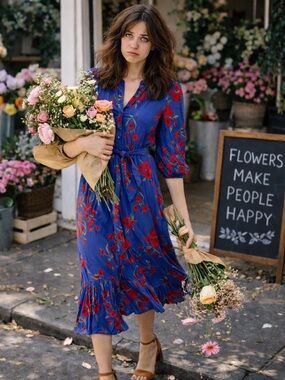Ro’s Garden button up shirt dress blue with red flowers midi size small